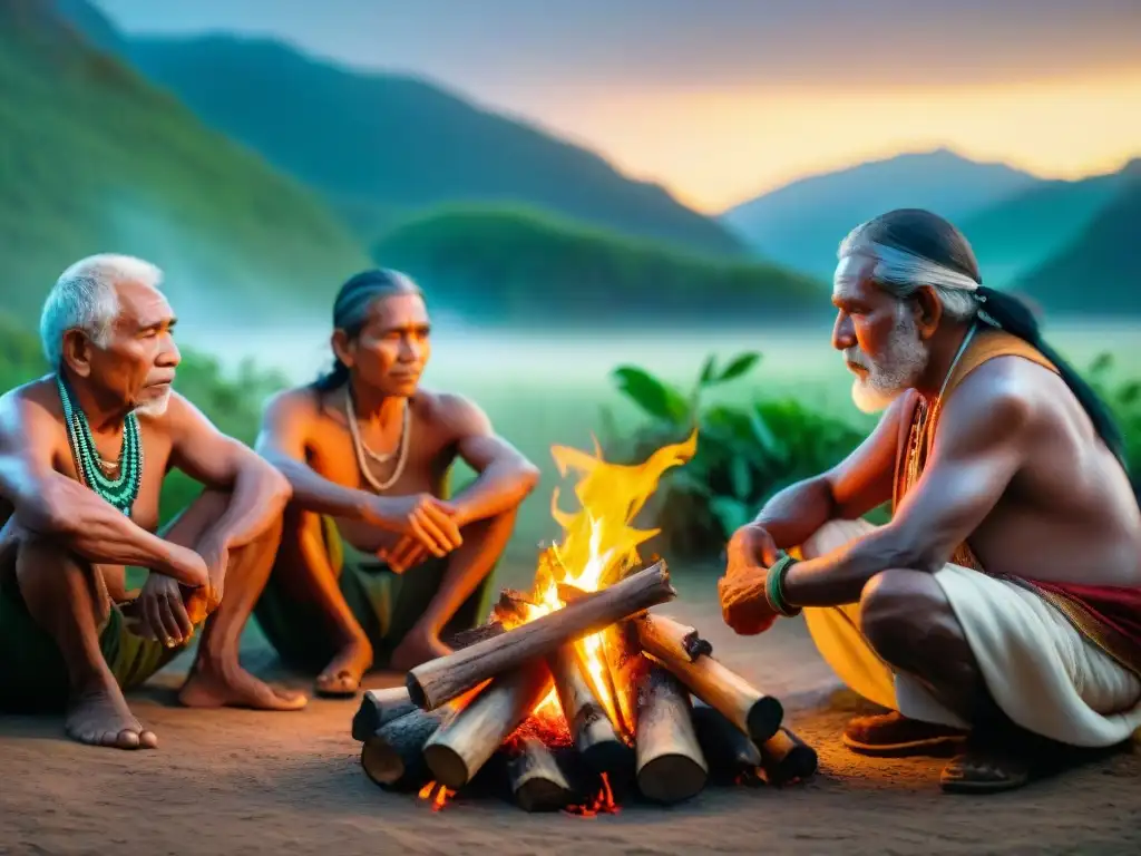 Grupo de ancianos indígenas compartiendo historias alrededor del fuego, rodeados de naturaleza y artefactos tribales