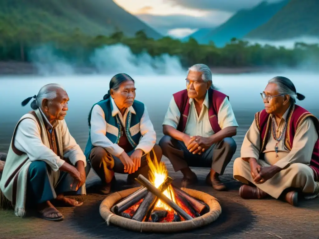 Un grupo de ancianos indígenas comparten historias junto al fuego, reflejando la riqueza de la Literatura oral indígena Américas