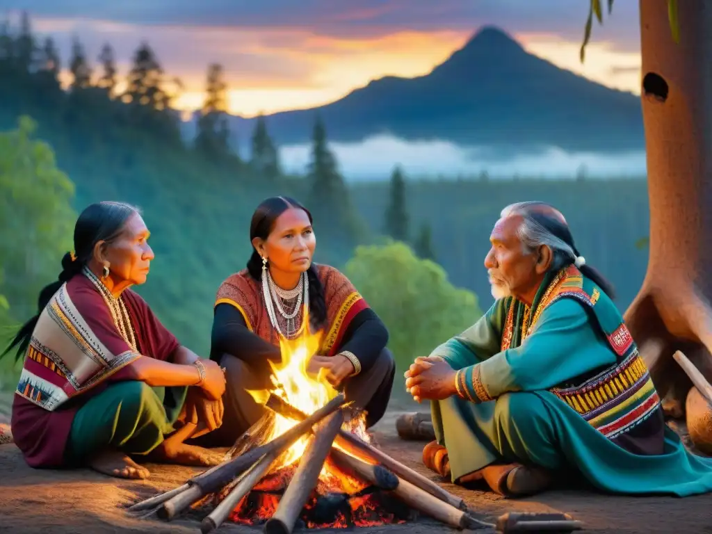 Grupo de ancianos indígenas compartiendo historias alrededor de la fogata en la selva