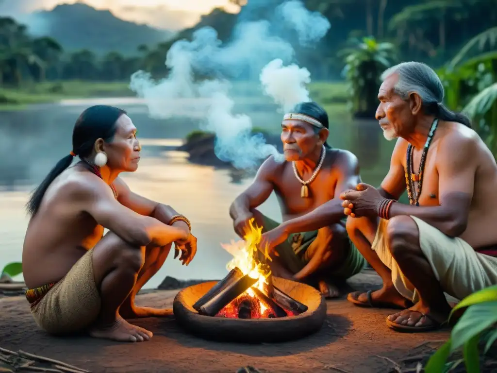 Grupo de ancianos indígenas compartiendo historias alrededor de una fogata en la selva del Amazonas