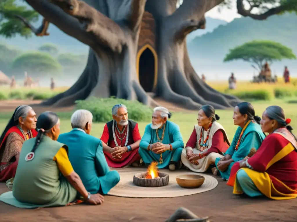 Sabiduría ancestral: El arte de la narración indígena Grupo de ancianos indígenas compartiendo historias bajo un árbol ancestral, estrategias comunidades indígenas cultura