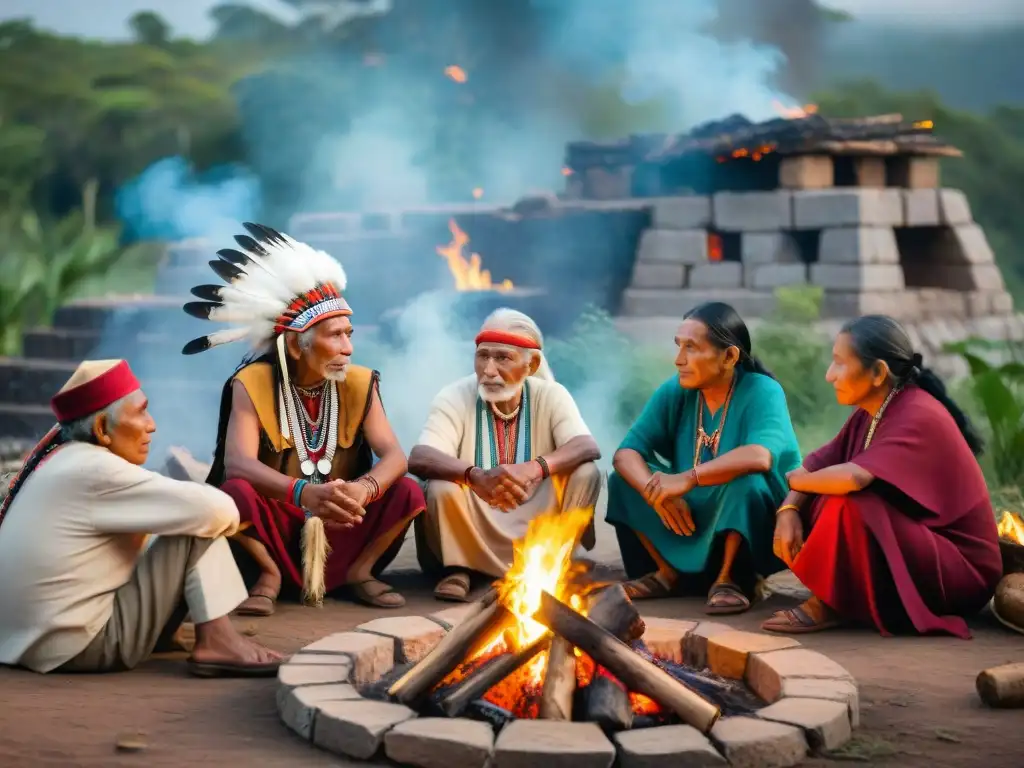 Grupo de ancianos indígenas contando historias alrededor del fuego, en un entorno de ruinas antiguas y exuberante vegetación