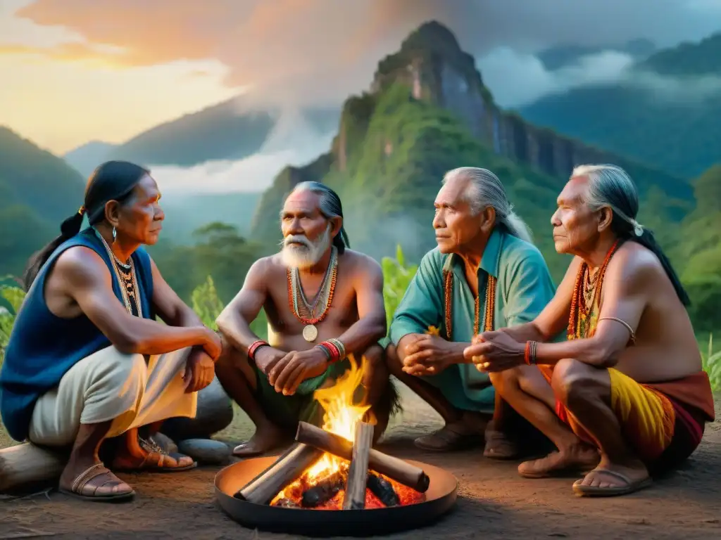 Grupo de ancianos indígenas compartiendo historias alrededor del fuego en la selva al atardecer