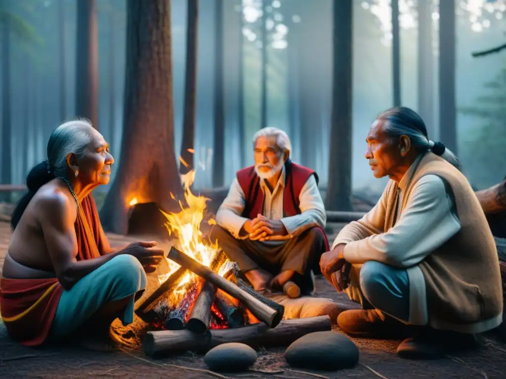 Grupo de ancianos indígenas narrando historias ancestrales alrededor del fuego en un bosque antiguo