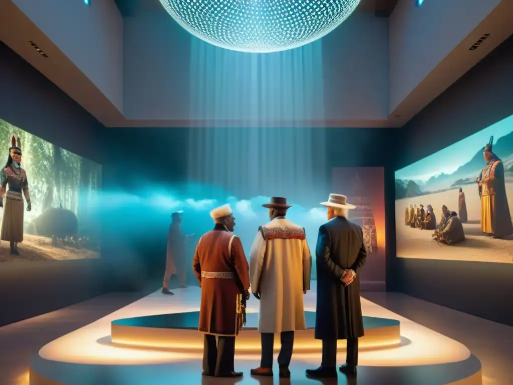 Un grupo de ancianos indígenas interactúa con hologramas de sus ancestros en un museo moderno