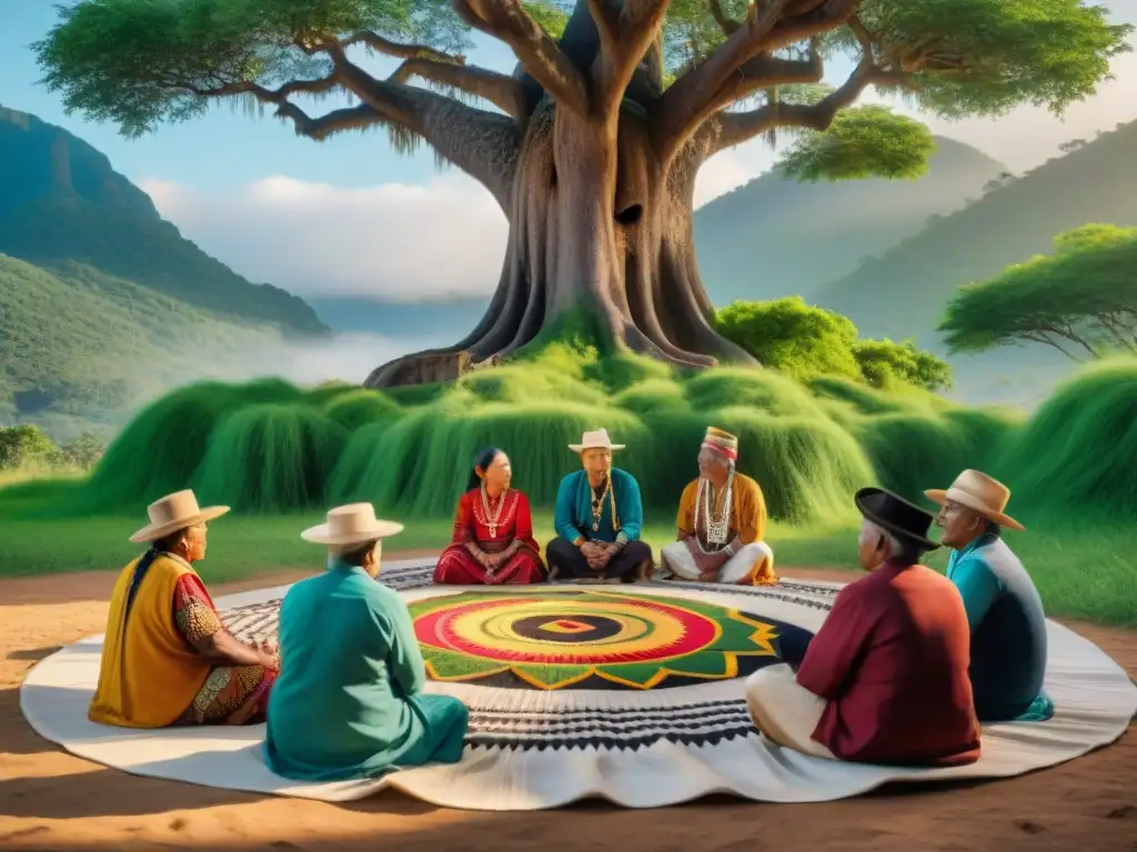 Grupo de ancianos indígenas revitalizando idioma bajo un árbol, fomentando el bilingüismo en culturas indígenas