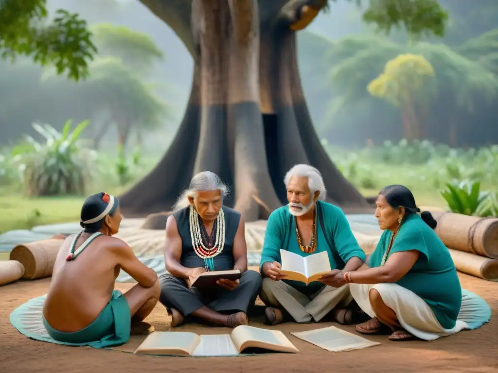 Sabiduría ancestral: preservación de idiomas indígenas en la era digital Grupo de ancianos indígenas preservando idiomas bajo árbol, entre manuscritos antiguos y dispositivos digitales