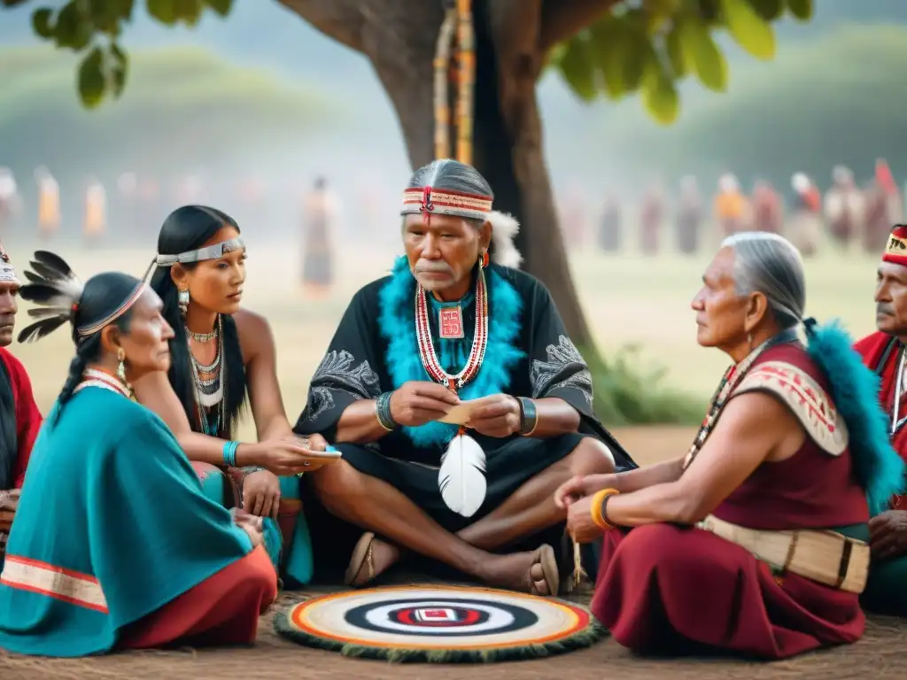 Grupo de ancianos indígenas en intercambio cultural bajo un árbol, combinando tradiciones ancestrales y tecnología digital