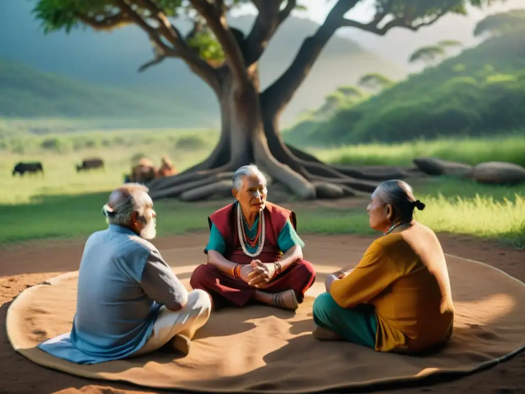 Un grupo de ancianos indígenas preservando la literatura oral en comunidad bajo un árbol mientras el sol se pone