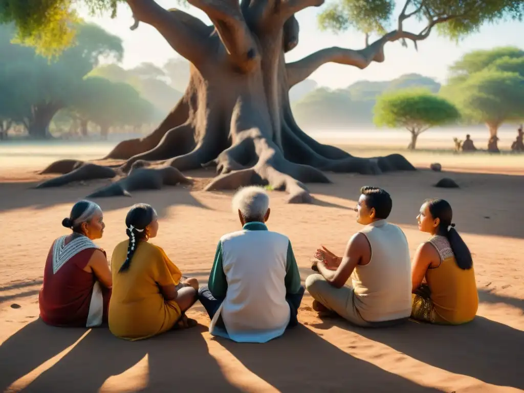 Grupo de ancianos indígenas preservando oralidad y cultura bajo árbol ancestral