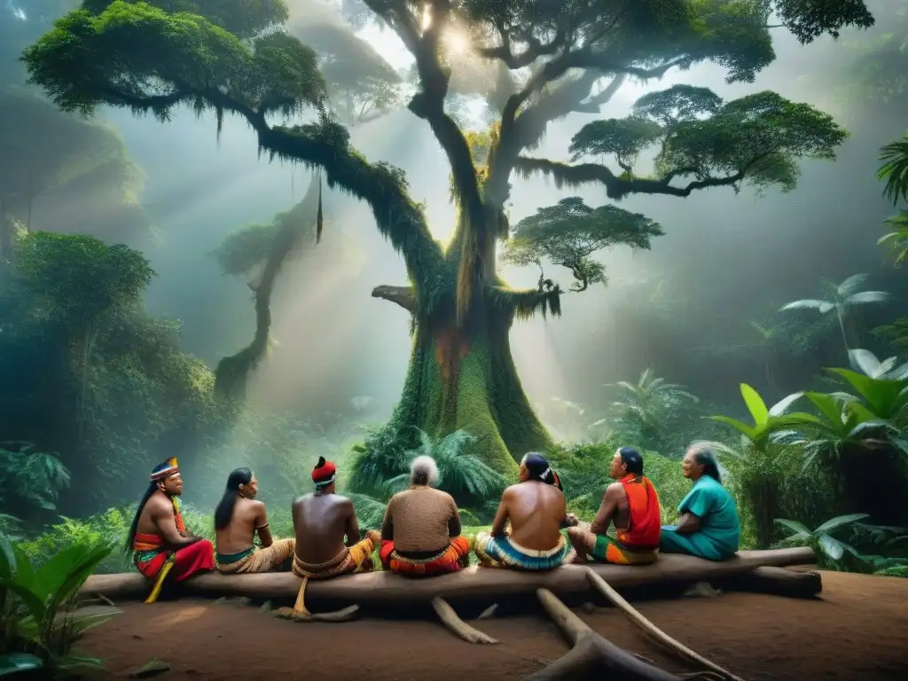 Un grupo de ancianos indígenas en profunda conversación bajo un árbol ancestral en la selva, rodeados de vida silvestre