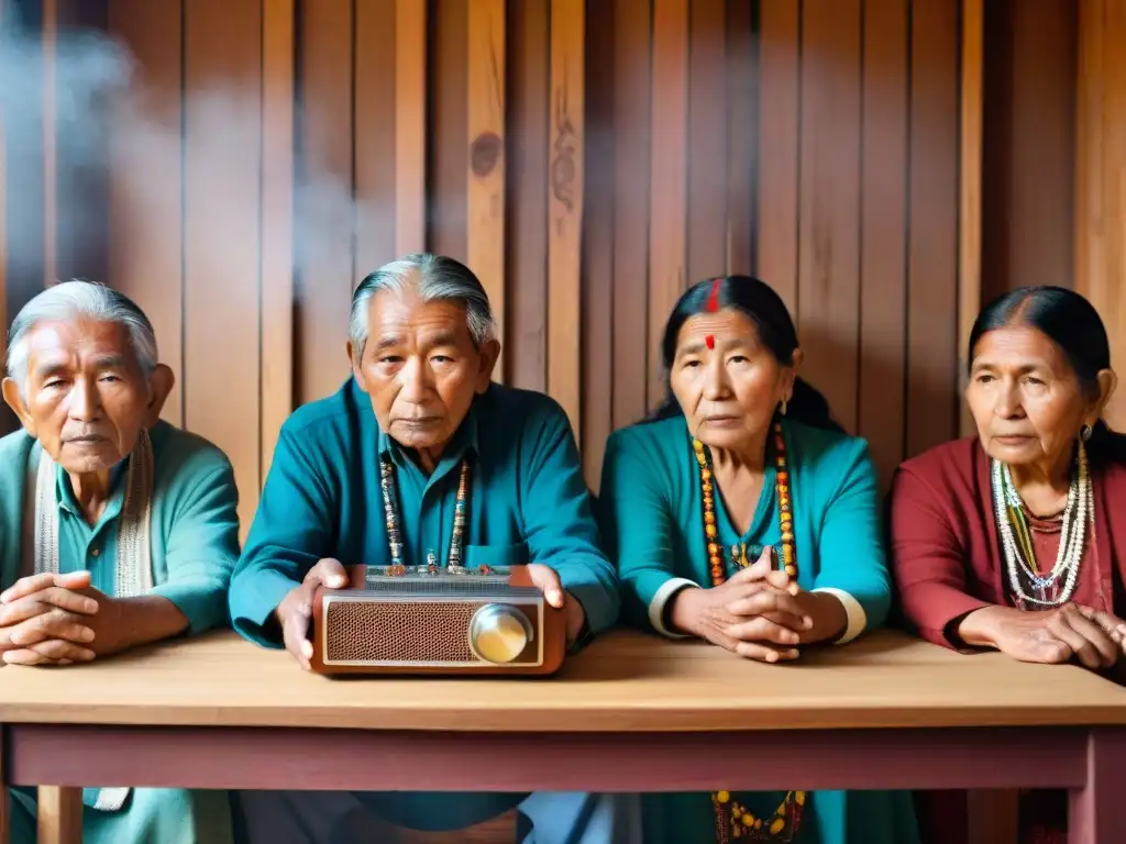 Un grupo de ancianos indígenas escucha atentamente la radio en su idioma nativo, en una escena cargada de historia y tradición