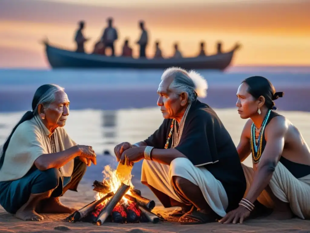 Grupo de ancianos indígenas compartiendo relatos alrededor de una fogata, con la perspectiva indígena frente a la colonización en primer plano