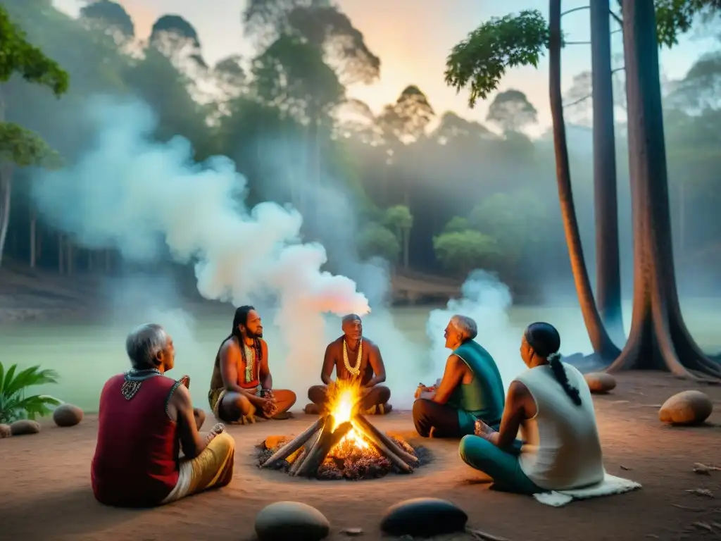 Grupo de ancianos indígenas liderando un retiro espiritual en el bosque