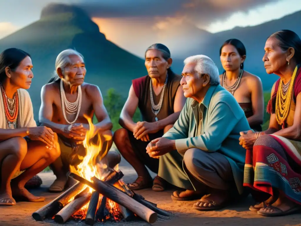 Un grupo de ancianos indígenas reunidos alrededor de una fogata, compartiendo historias y sabiduría