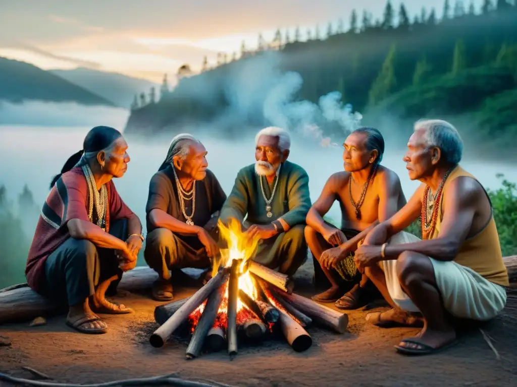 Grupo de ancianos indígenas reunidos alrededor de una fogata en el bosque, contando historias