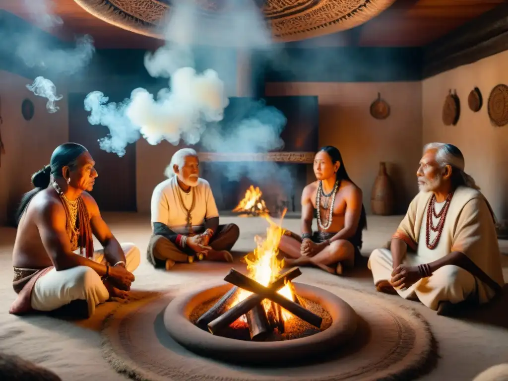 Grupo de ancianos indígenas reunidos alrededor de una fogata en un espacio ceremonial, iluminados por el fuego