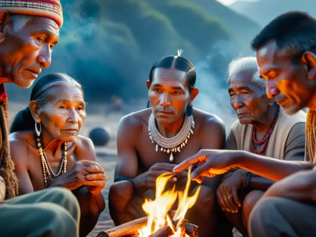 Grupo de ancianos indígenas reunidos alrededor de una fogata, compartiendo sabiduría ancestral en un documental de historia indígena