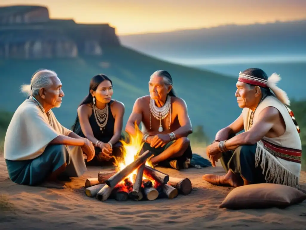 Grupo de ancianos indígenas reunidos alrededor de una fogata, transmitiendo sabiduría y respeto cultural bajo un cielo estrellado