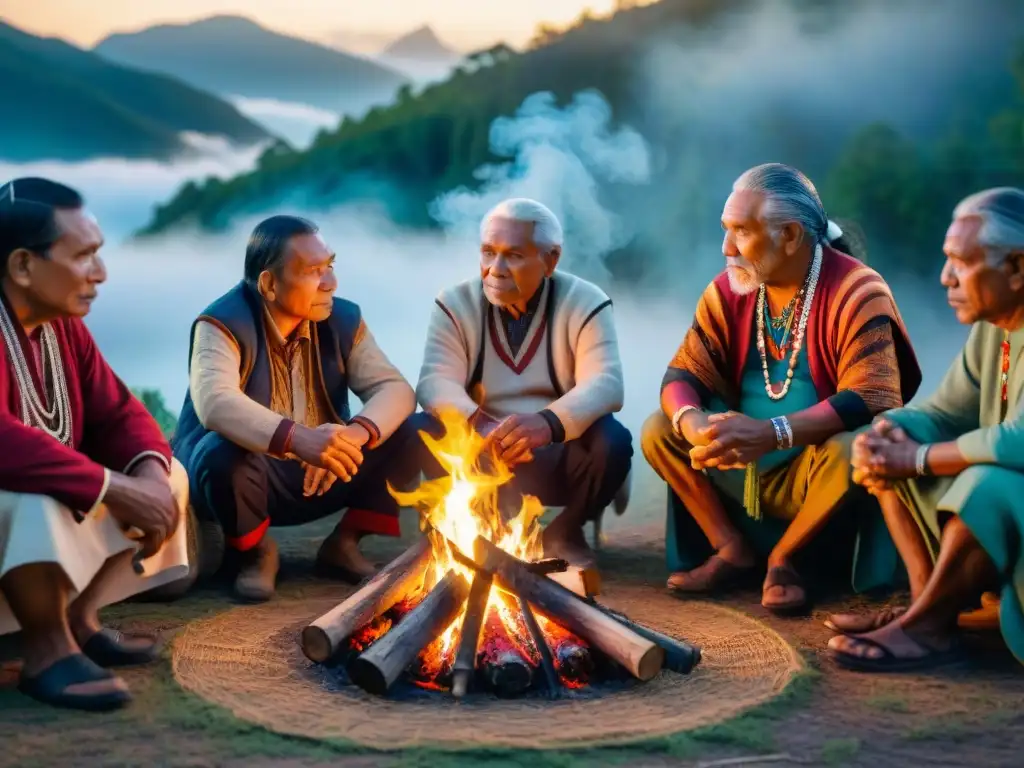 Grupo de ancianos indígenas reunidos alrededor del fuego, en una sesión de cuentos