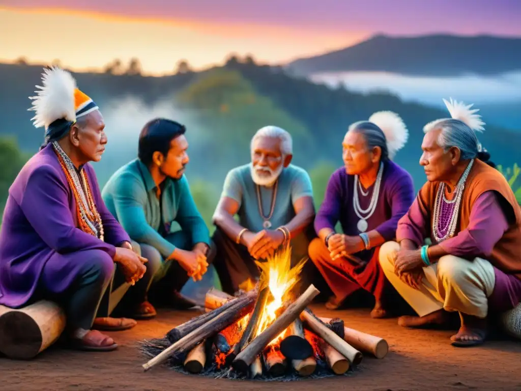 Un grupo de ancianos indígenas reunidos alrededor de una fogata, vestidos con atuendos tradicionales, iluminados por el fuego