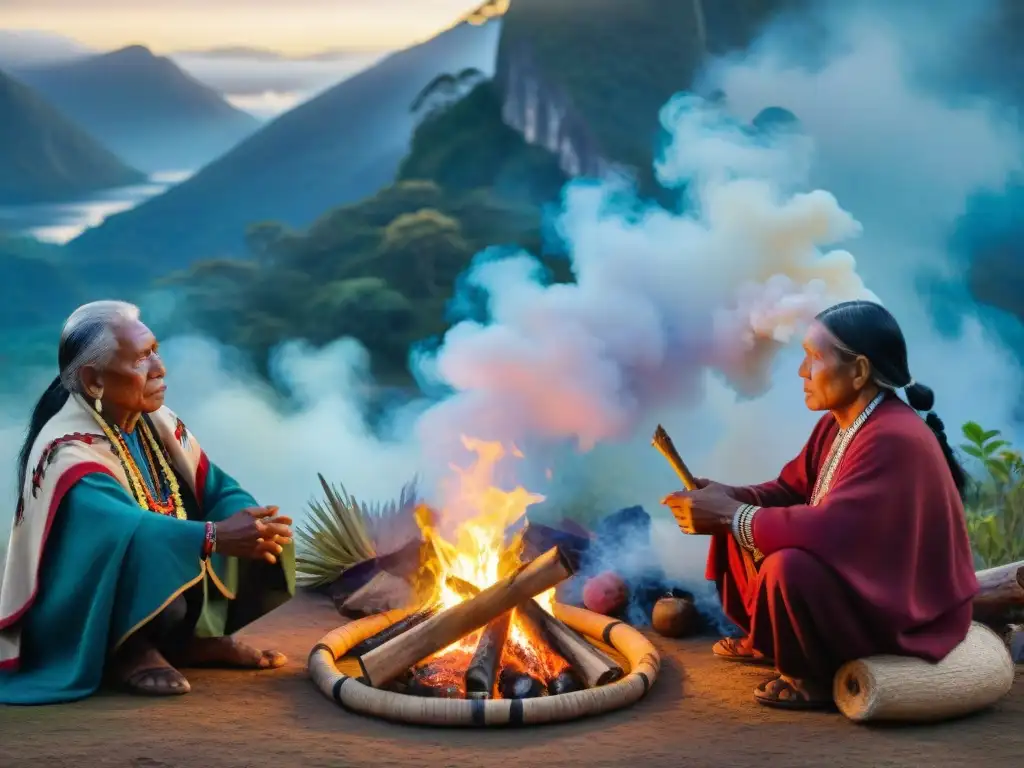 Un grupo de ancianos indígenas reunidos alrededor de un fuego sagrado en la montaña, en una ceremonia tradicional