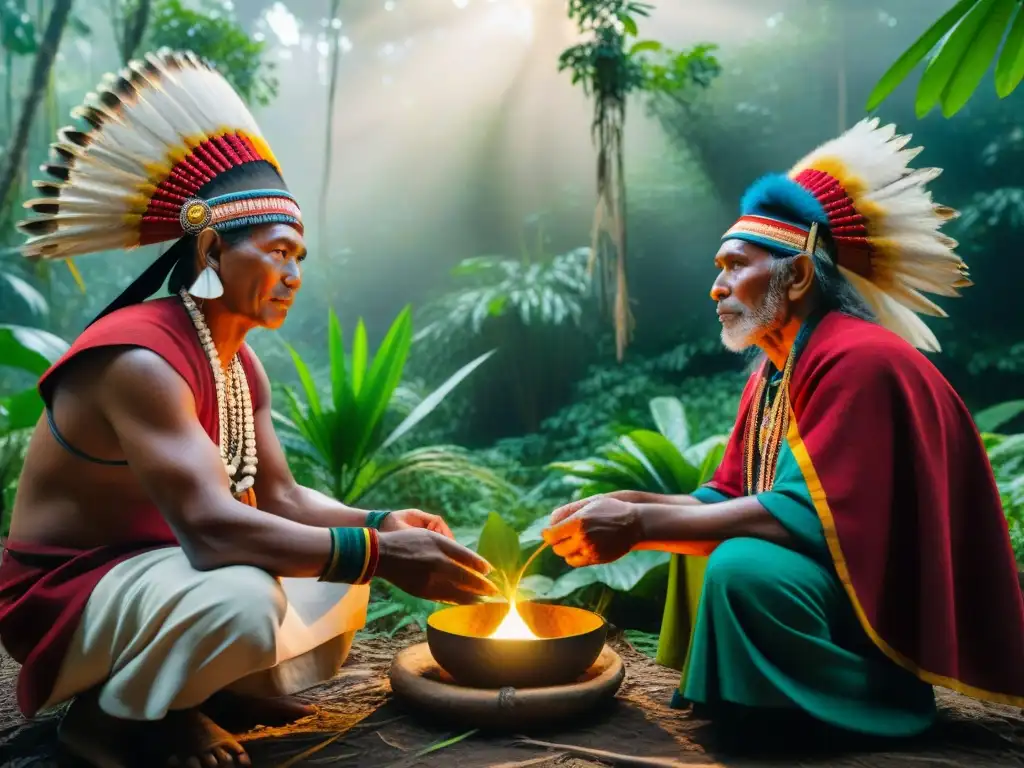 Grupo de ancianos indígenas realizando ritual sagrado en la selva, colores vibrantes y luz solar