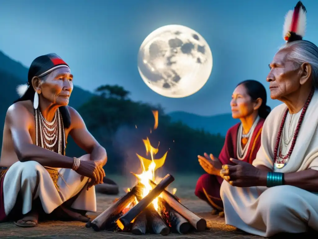 Grupo de ancianos indígenas en ritual lunar, iluminados por la influencia lunar en rituales indígenas