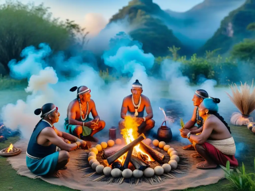 Grupo de ancianos indígenas en ritual de limpieza espiritual alrededor del fuego, con hierbas y plumas