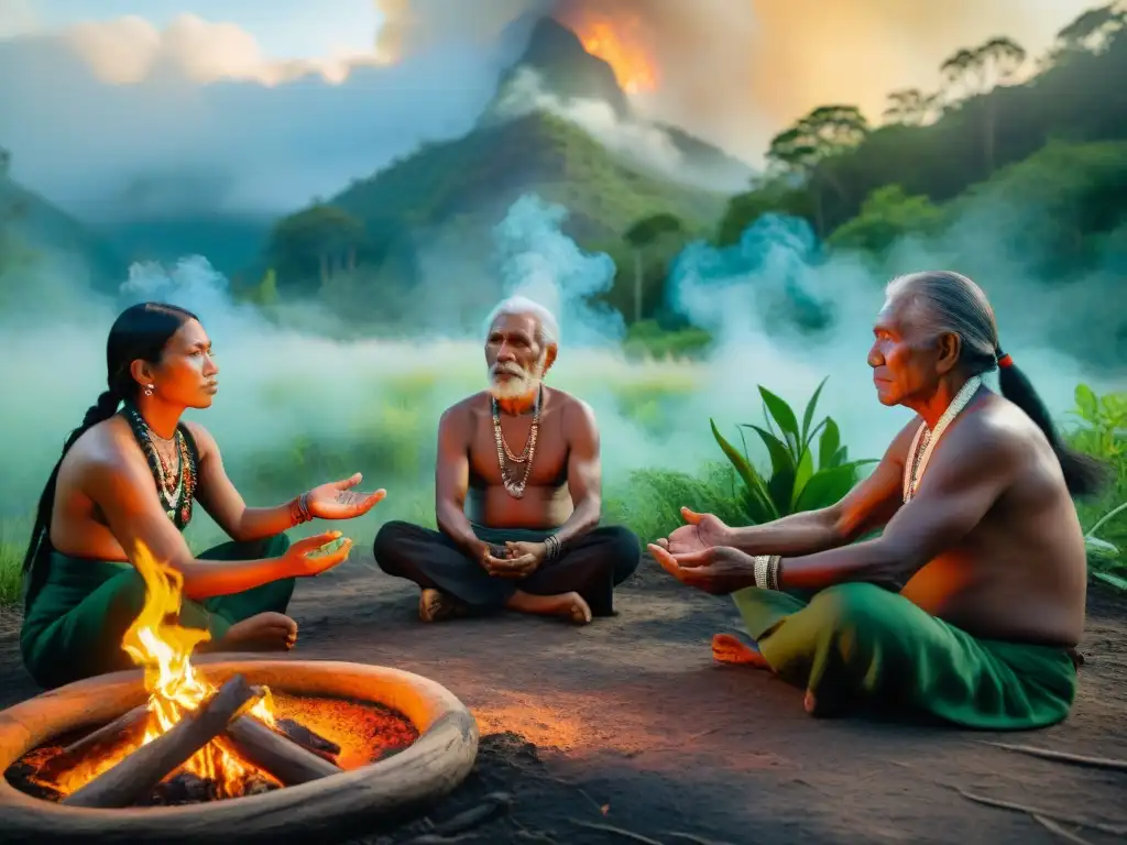 Un grupo de ancianos indígenas realizando un ritual de sanación de la tierra en un bosque exuberante