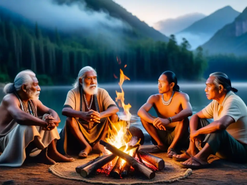 Grupo de ancianos indígenas compartiendo sabiduría alrededor de fogata en la noche, simbolizando la fusión de tradición y progreso