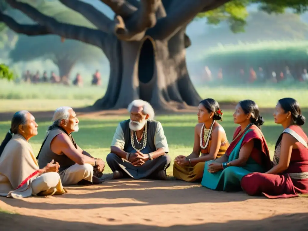 Grupo de ancianos indígenas transmitiendo sabiduría oral bajo un árbol, niños escuchan atentos