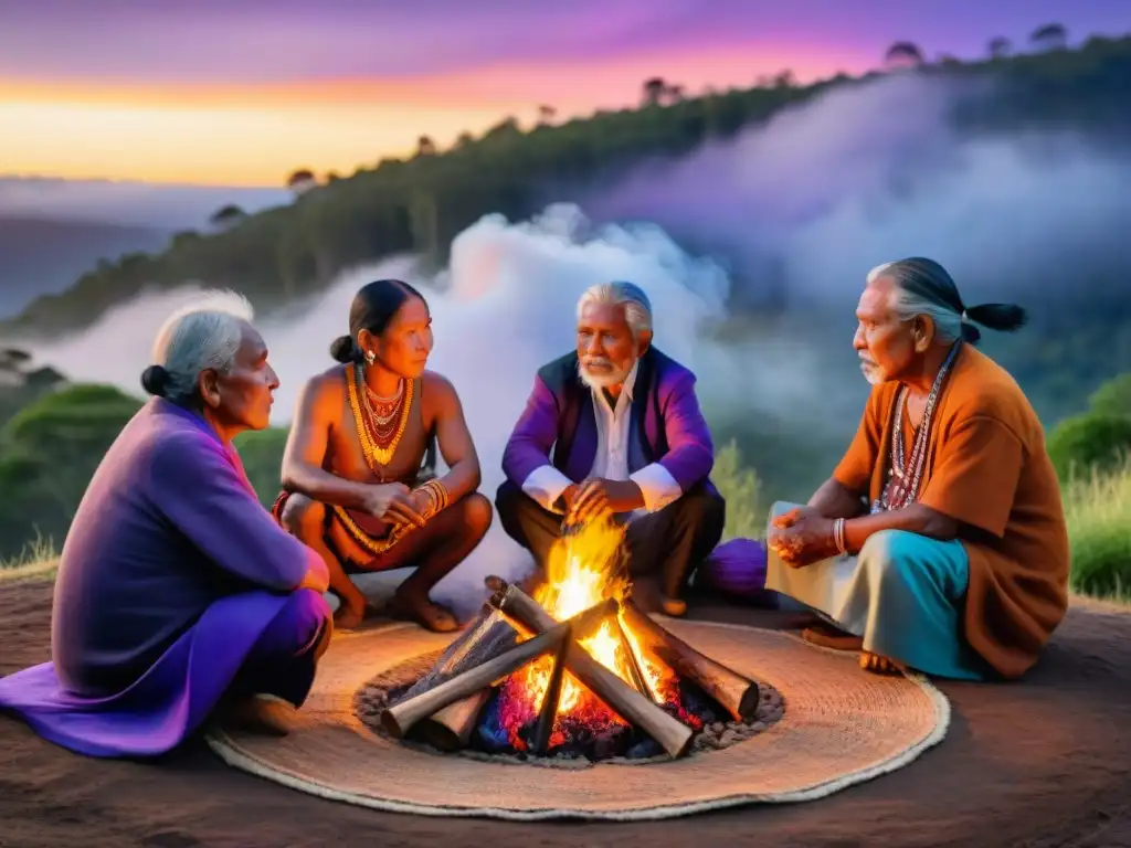 Grupo de ancianos indígenas compartiendo sabiduría alrededor del fuego en la selva al atardecer