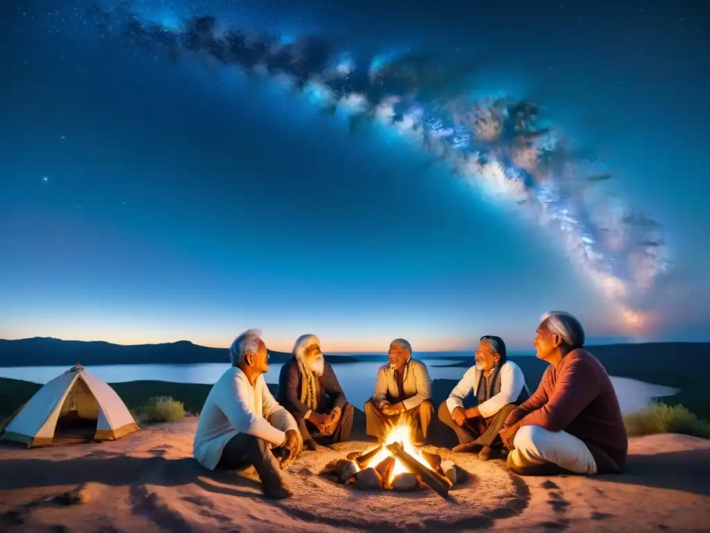 Grupo de ancianos indígenas compartiendo sabiduría astronómica alrededor de fogata