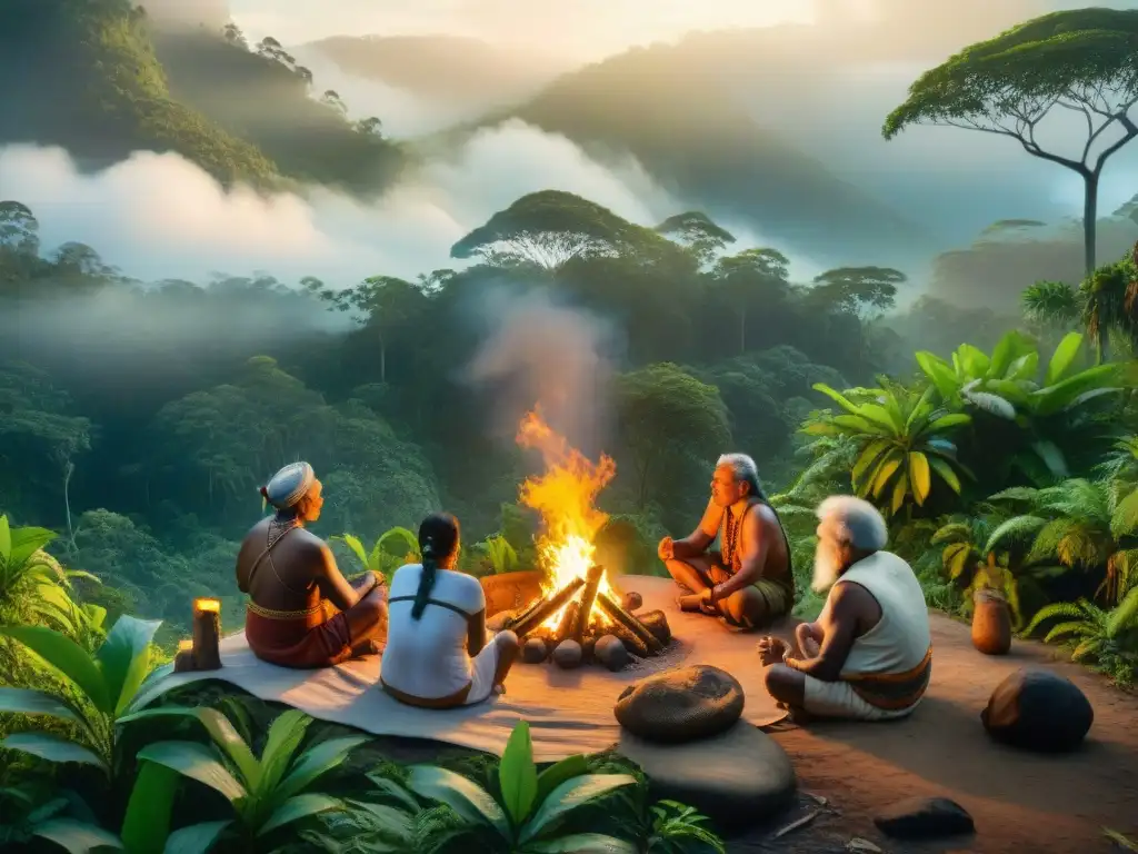 Rituales ancestrales: ceremonia de sabiduría en la selva Un grupo de ancianos indígenas en la selva ofrece oraciones a los espíritus alrededor de un fuego sagrado