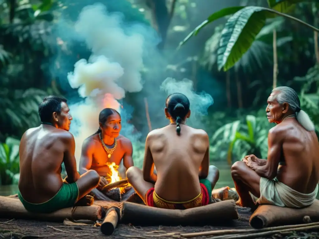 Grupo de ancianos indígenas en la selva amazónica, rodeados de naturaleza exuberante