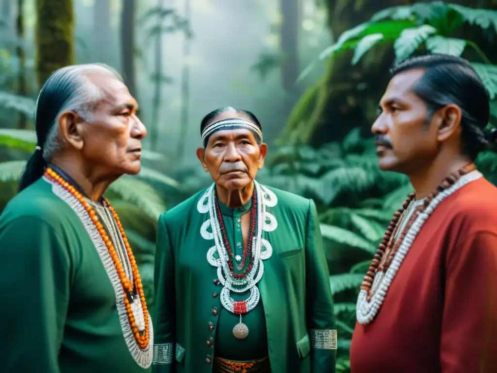 Grupo de ancianos indígenas en la selva discutiendo técnicas indígenas de monitoreo profundo