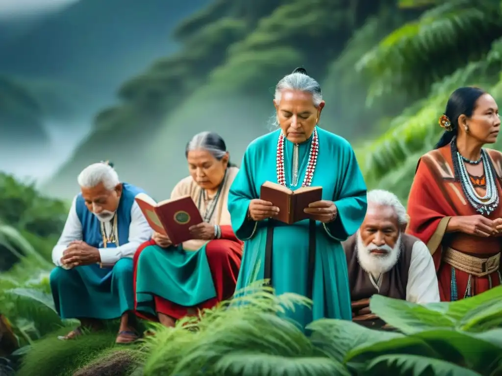 Grupo de ancianos indígenas interpretando señales ambientales en la naturaleza