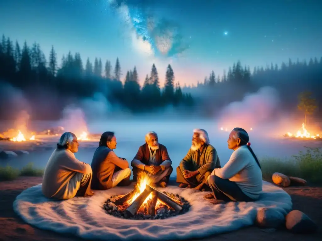 Grupo de ancianos indígenas interpretando señales ambientales alrededor de fogata en bosque estrellado