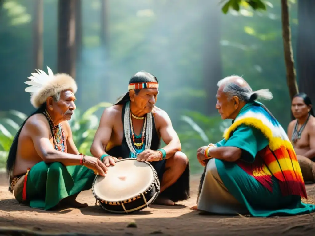 Grupo de ancianos indígenas tocando tambores sagrados en el bosque, resaltando su significado en ceremonias