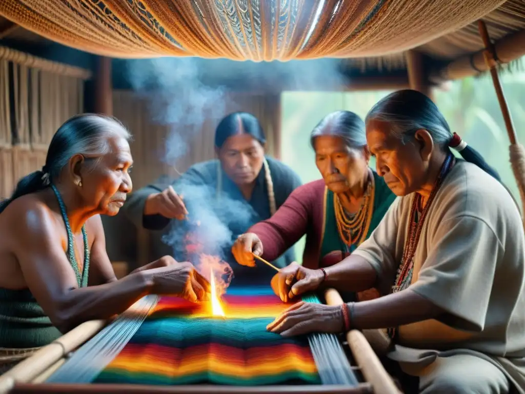 Grupo de ancianos indígenas tejiendo con tecnologías tradicionales frente al cambio climático en cabaña iluminada por fuego