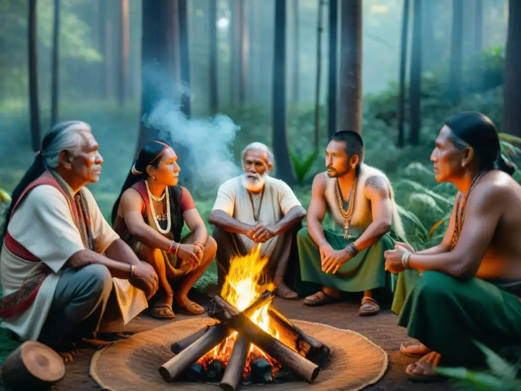 Grupo de ancianos indígenas comparten tradiciones con jóvenes en bosque