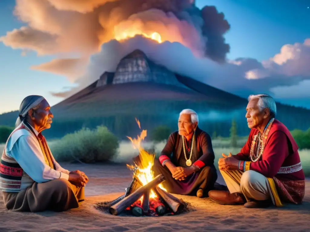 Grupo de ancianos indígenas compartiendo tradiciones ancestrales alrededor del fuego