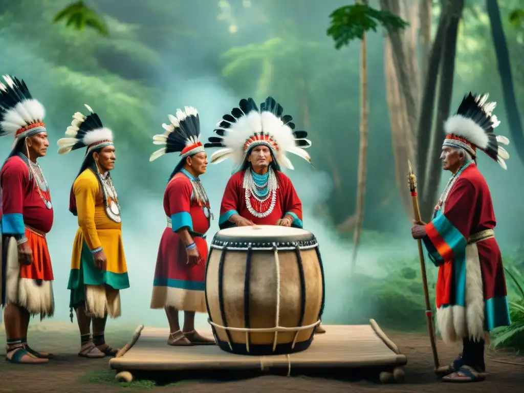 Un grupo de ancianos indígenas en trajes ceremoniales alrededor de un gran tambor, realizando un ritual en la selva