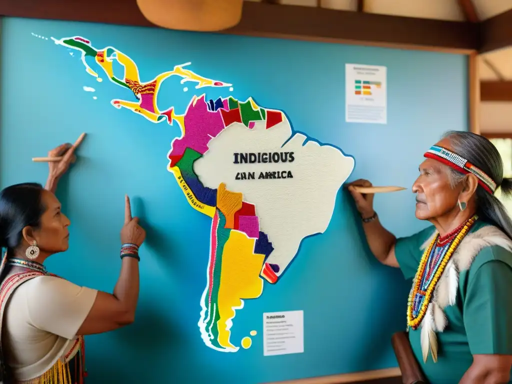 Un grupo de ancianos indígenas de diversas tribus en América señalando un mapa de lenguas indígenas con orgullo y determinación