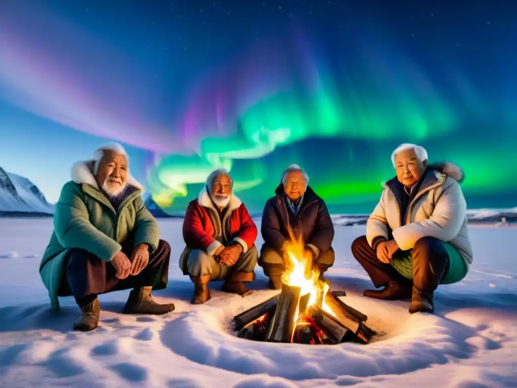 Grupo de ancianos Inuit en paisaje nevado, junto a fogata con auroras boreales