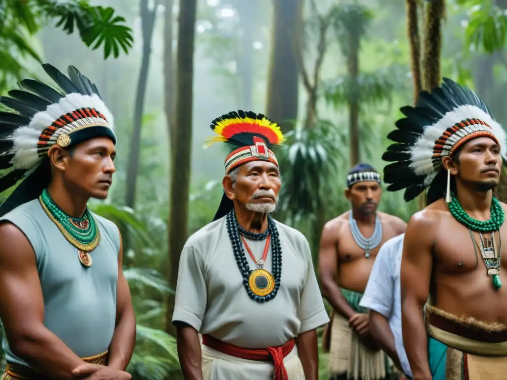 Un grupo de ancianos indígenas guían a un joven en un ritual de pasaje en la selva