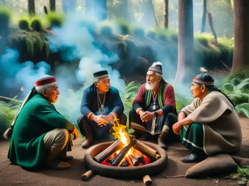 Grupo de ancianos Mapuche en medio de un conflicto territorial en Chile, rodeados de naturaleza y tradición ancestral