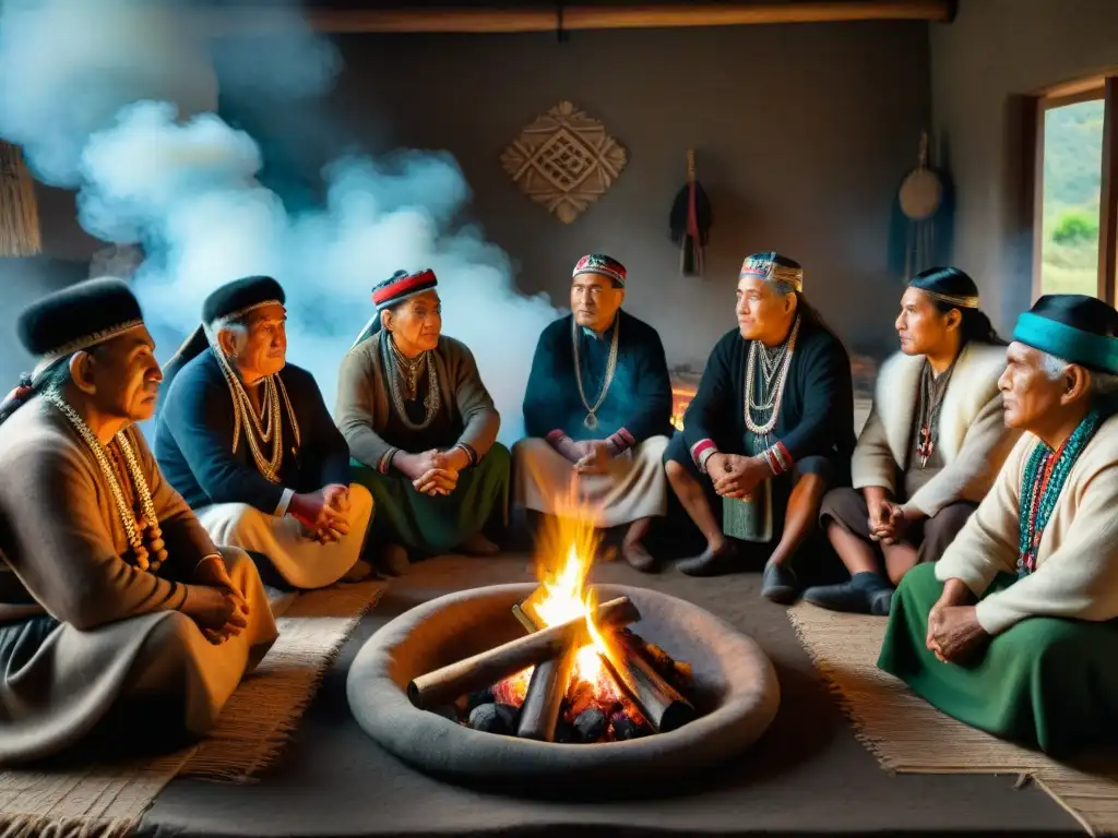 Grupo de ancianos Mapuche en resistencia, con vestimenta tradicional, discutiendo alrededor del fuego en una sala iluminada con símbolos culturales