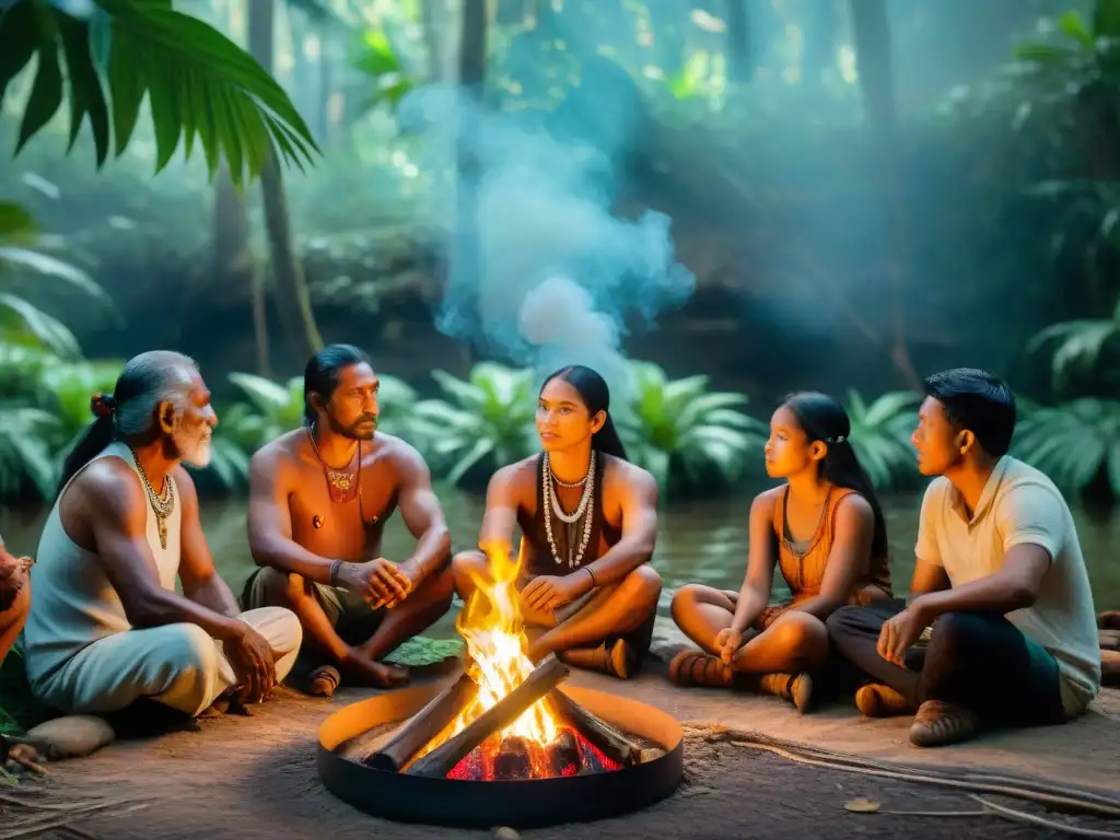 Grupo de ancianos y niños indígenas junto a fogata en la selva, preservando herencia lingüística a través de videojuegos